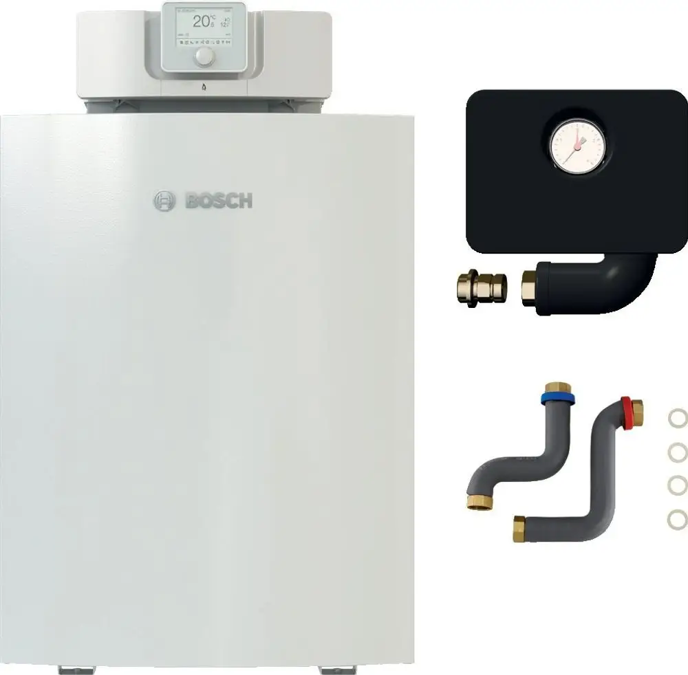 Bosch Öl-Brennwertgerät in Weiß mit Digitalanzeige, begleitet von einer Anschlussbox, einem Druckmesser und zwei Rohrleitungen mit Dichtungen.